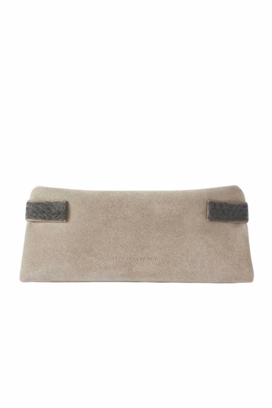 NEW BRUNELLO CUCINELLI women's bead-embellished leather-trimmed suede clutch in